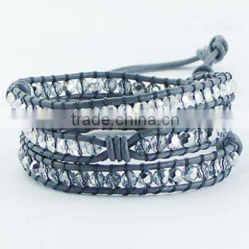 Wrap Bracelet on Gray Leather Clear Faceted Glass Beads