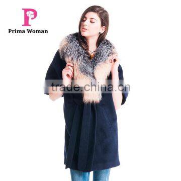 Autumn and Winter Length Seven Points Women Coat With Silver Fox Fur Collar Cashmere Overcoat photo-5