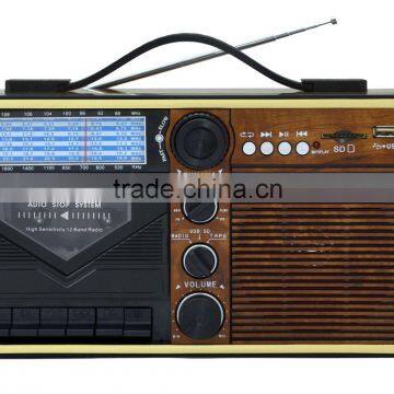 China AM/FM/SW Radio USB SD Cassette Recorder Classic Wooden Radio