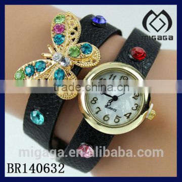 gold tone alloy quartz watch with leather pu strap bracelet*beautiful rhinestone butterfly watch bracelet