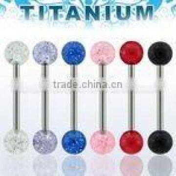 Titanium G23 barbell tongue bar with acrylic UV glitter balls