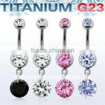 Titanium G23 Banana, 14g (1.6mm) with 8mm round prong set CZ stone and dangling 8mm round CZ stone - length 3/8" (10mm)