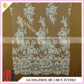 HC-5829-1 Hechun Acrylic Hot Fix Bead Embroidered Netting White Cord Bridal Lace Fabric