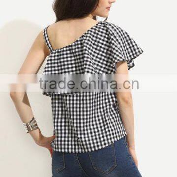 Blouses Latest Fashion Design Women Clothing Black and White Gingham Ruffle One Sleeve Blouse photo-3
