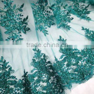 Peacock Green French Lace Tulle Lace With Pears/High Quality Net Lace With Sequins