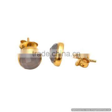 Sparkling Round Grey Chalcedony Stud Earrings 925 Sterling Silver Small Gold Vermeil Earrings photo-2