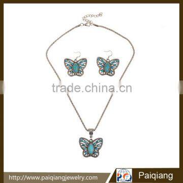 Simple design butterfly turquoise necklace and earrings jewelry set decorated with rhinestone