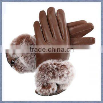 Women Coffee Sheepskin Leather Glove With rabbit Fur