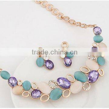 High Quality Crystal Jewelry Sets Opal Colorful Stone Hollow Circle Gold Plated Statement Chain Necklaces And Earring Sets photo-6