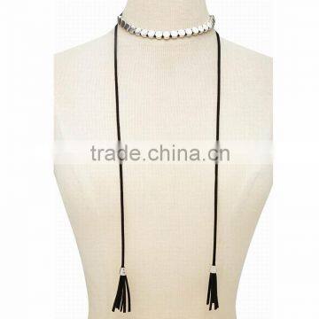 Fashion Changeable Alloy Circle Beads Charms Ornament Black Leather Long Tassel Bolo Tie Necklaces For Women Sweater Decoration photo-3