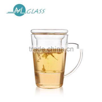 Wholesale heat resistant glass tea cup with glass strainer lid handmade glassware OEM ODM 400ml