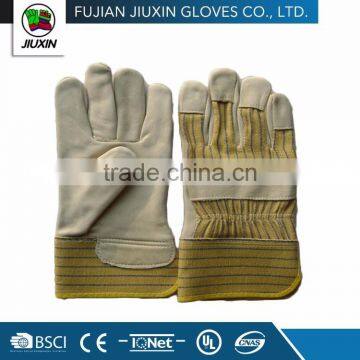striped cotton back & rubberized cuff Cow grain leather glove