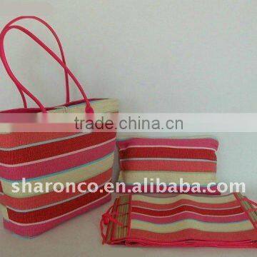 Candy strip paper straw fabric beach bag with handle