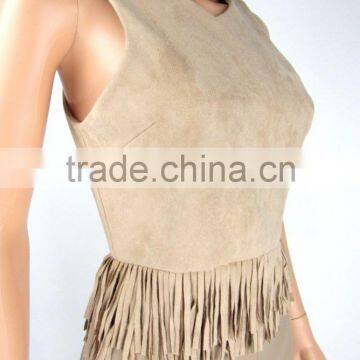 Trendy Tassels Fringe Faux Suede Stretch Gypsy Boho Hippie Festival Crop Top