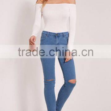 Long Sleeve Jumpsuit With High Leg Cotton Soft Basic White Off Shoulder Sexy Thong Bodysuit photo-4