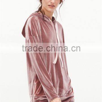 MGOO Oversized Women Pink Drop Shoulder Zip Slit Side Velvet Hoodie With Drawstrings Plain Pullover photo-5