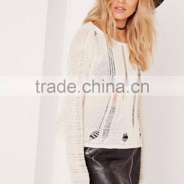 China Women Long Sleeve Sweater Ladder Shoulder Distressed Cropped Jumper White Knitwear Pullover photo-4