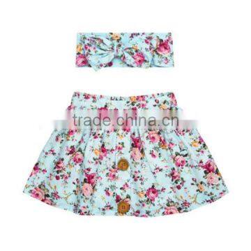 Summer Blue Flower Printed Dress Buttons Design Kids Clothes With Headband