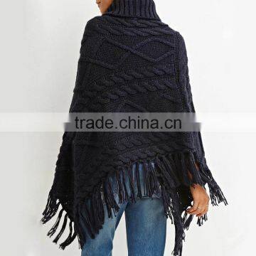 New Design Tasseled Turtle Neck Cable- Knit Pullover Poncho Sweater photo-3