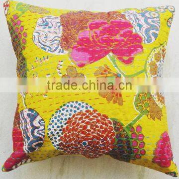 16x16" Yellow Kantha Pillow Cover, Kantha Throw Pillow, Kantha Cushion Cover, 16x16 Floor Pillow, Indian Pillow photo-2