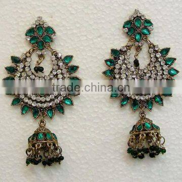 Green Indian Bollywood CZ Chaand Bali Dangle Earring