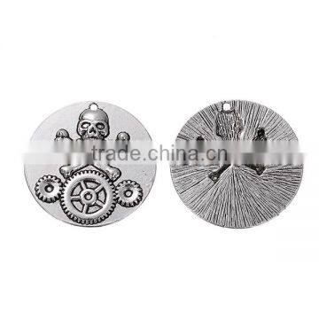 Zinc Based Alloy Steampunk Pendants Round Antique Silver Halloween Skull Gear Carved 39mm Dia photo-3