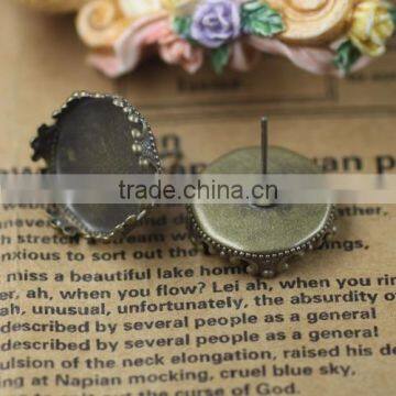 15mm Antique Bronze Round Ear Studs Crown Edge Blank Base Earring Tray For Cabochon Bezels Setting