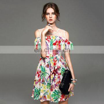 Ladies cold shoulder cute dress casual dress with frill high quality dress