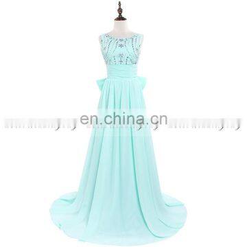 High Quality Mint Beaded Round Neck Open Back Bows Zipper Evening Dresses