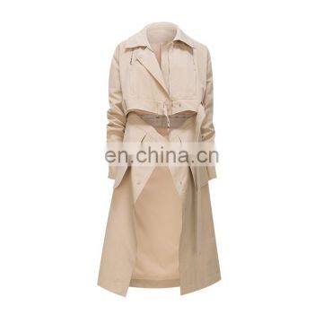 TWOTWINSTYLE Khaki Windbreaker Women Lapel Long Sleeve With Belt Patchwork Lace Up Vintage Casual photo-2