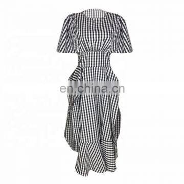 TWOTWINSTYLE Split Dress Plaid Short Sleeve Tunic High Waist Ruffles Large Size