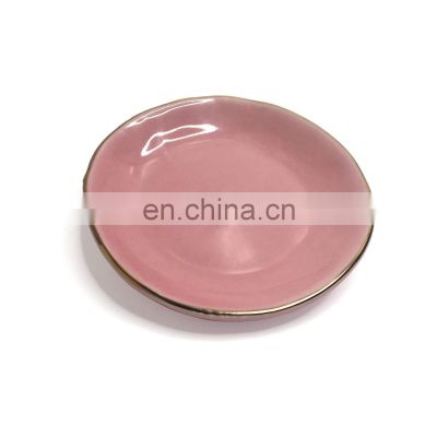 Pink Ceramic Jewelry Dish with Gold Rim Circle Trinket Tray Home Decor Wedding Birthday Gift for Her Desk Organize