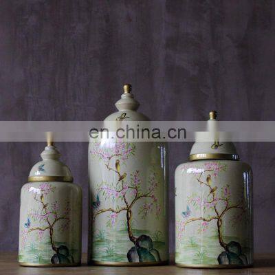 American country style flower bird design porcelain ceramic decorative jars set of 3