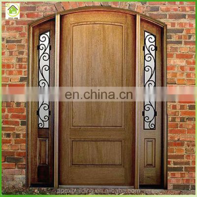 Antique flat solid wood arch main doors design with 2 sidelights