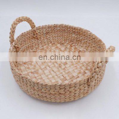 Round Straw Tray Basket Water Hyacinth Serving Tray For Coffee Table