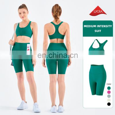 Tik Tok High Elastic Front Zipper Sport Bra Biker Shorts Sets Women Fitness Yoga Wear