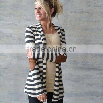 2016 Autumn Long Sleeve Elbow Patchwork Black and White Knitted Cotton Women Striped Sweaters