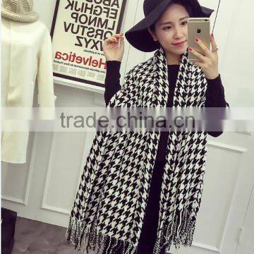 Za Fringed Tassel Houndstooth Jacquard Woven Cashmere Feel Acrylic Scarf