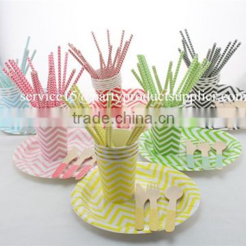 Custom Made Birthday Party Supplies Paper Tableware Set Chevron Striped Polka Dot Matched Plate Cup Napkin Straw Wooden Cutlery