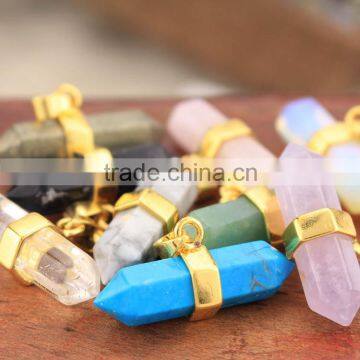 JF6779g natural crystal stone double terminated horizontal point pendants with gold bail clasp