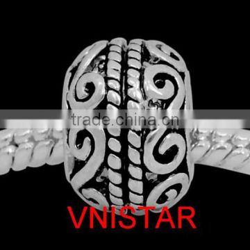 Vnistar silver&antique Silver plated european large hole metal bead with swirl stamped fit for european bracelet size in 9*12mm