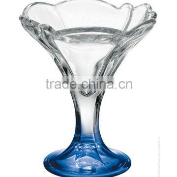 Sodalime leadfree ice cream glass cup blue solid color stem hand blown manufacturing flower shaped