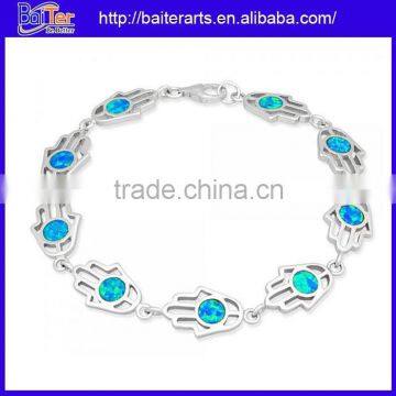 925 Sterling Silver Blue Inlay Opal Hamsa Hand Link Bracelet