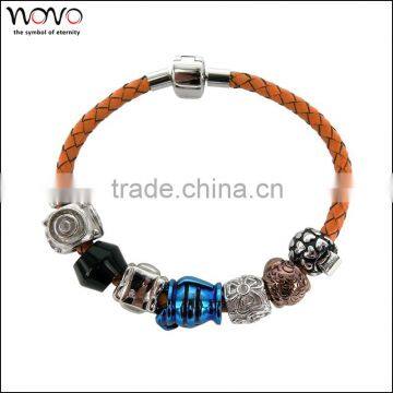 new design gunine leather stainless steel rosary bracelet jewelry