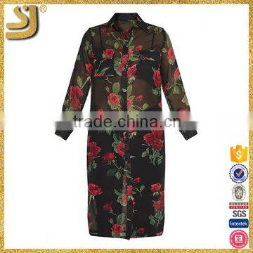 SHANGYI Fashion Black Rose Print Chiffon Longline Women Blouse photo-3