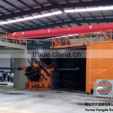 Three arms six stations rotomolding machine for manufacturing plastic products