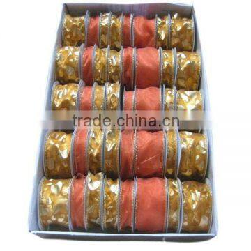 HOT SALE! Wired Gold Trim Edge Printing Woven Fabric Present Wrapping Ribbon, Organdy Gift Ribbon