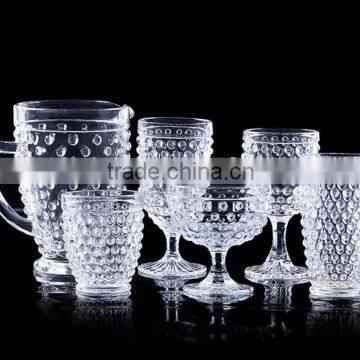 press glass drinkware / wine goblet, cooler, sundae cup,DOF, pitcher colored in clear with hobnail embossed patern