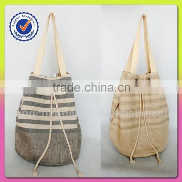 stripe backpack style jute and cotton bag material women handbags