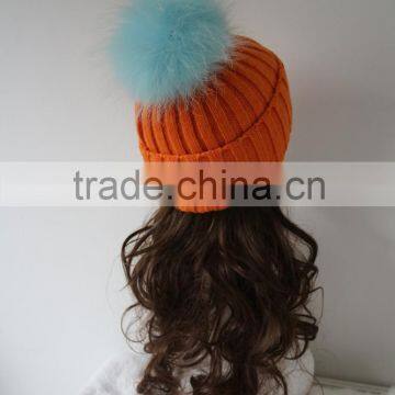 Vintage Design Stylish Baby Blue Raccoon Fur Ball/Pompom Orange Rib Knitted Wool Beanie Cap/Hat